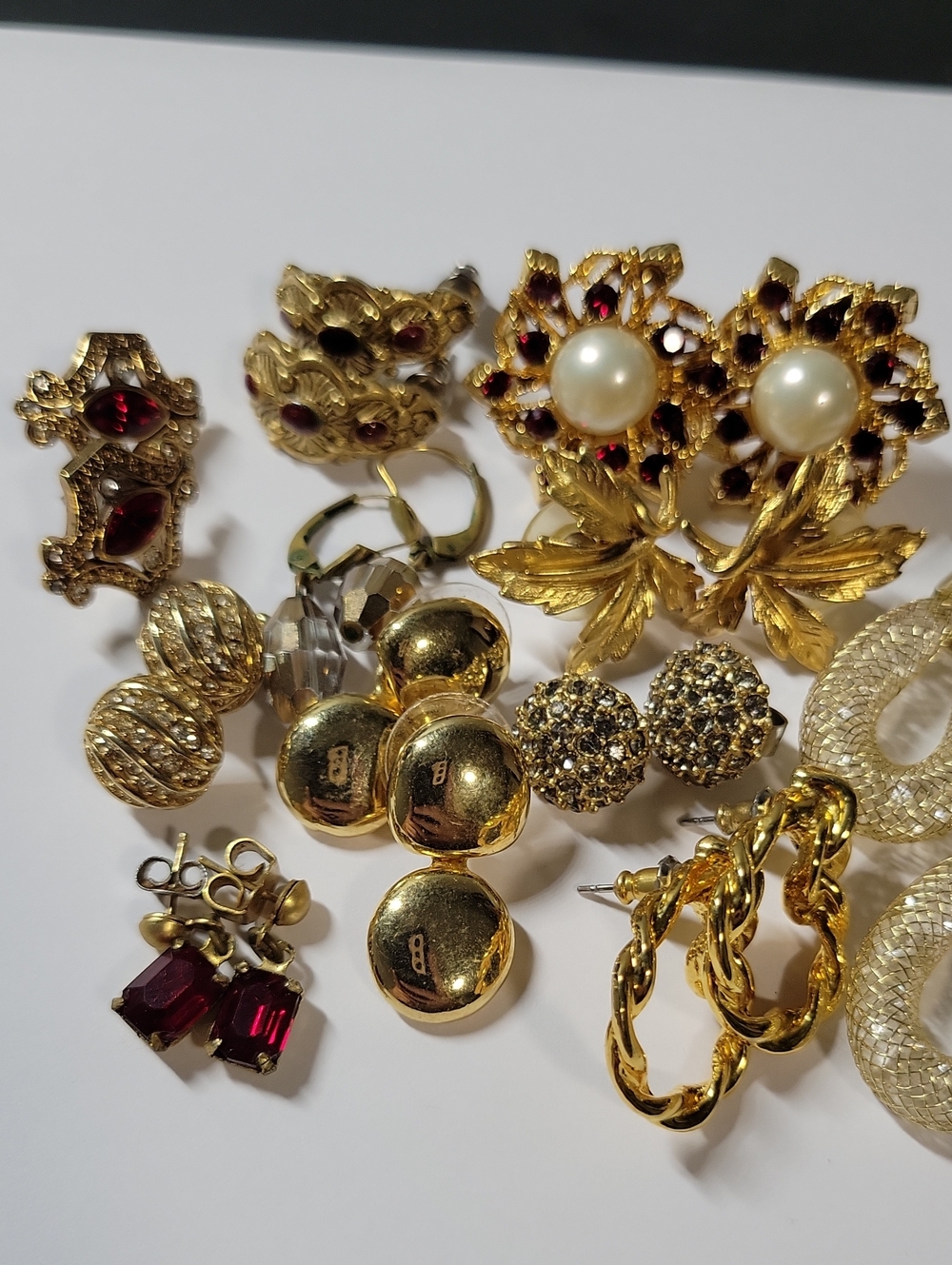 Gold Tone Floral Pearl & Garnet Statement  Earrings - Lot
